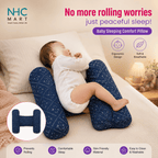 A baby sleeping on a navy blue U-shaped comfort pillow with a white starry pattern, shown in a cozy bedroom setting. The image includes marketing text for 'NHC MART' highlighting ergonomic design, soft breathable material, and benefits like preventing rolling and promoting comfortable sleep.