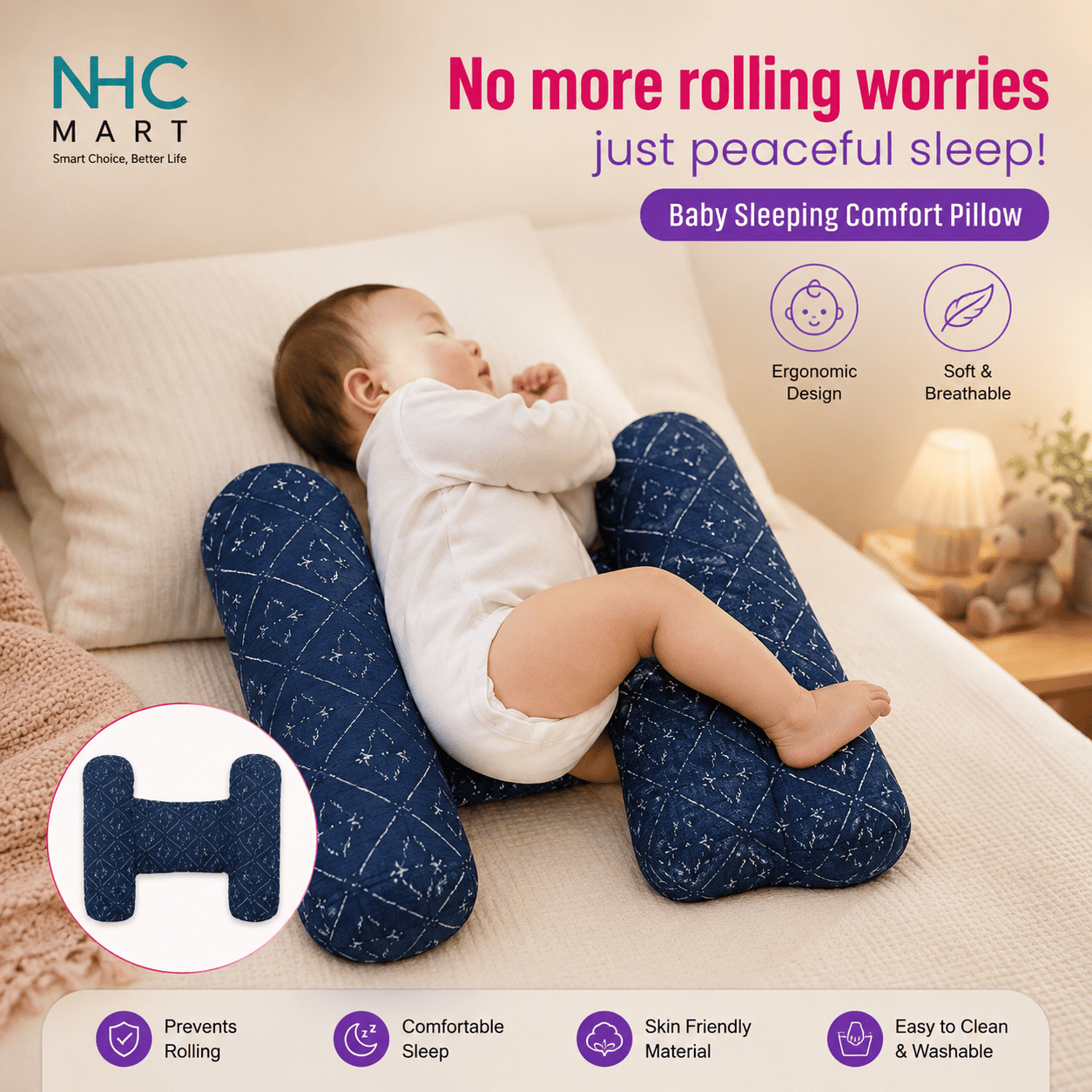 A baby sleeping on a navy blue U-shaped comfort pillow with a white starry pattern, shown in a cozy bedroom setting. The image includes marketing text for 'NHC MART' highlighting ergonomic design, soft breathable material, and benefits like preventing rolling and promoting comfortable sleep.
