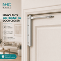 NHC Mart heavy duty automatic door closer installed on a cream-colored interior door, with product features and benefits listed on the left side of the image.