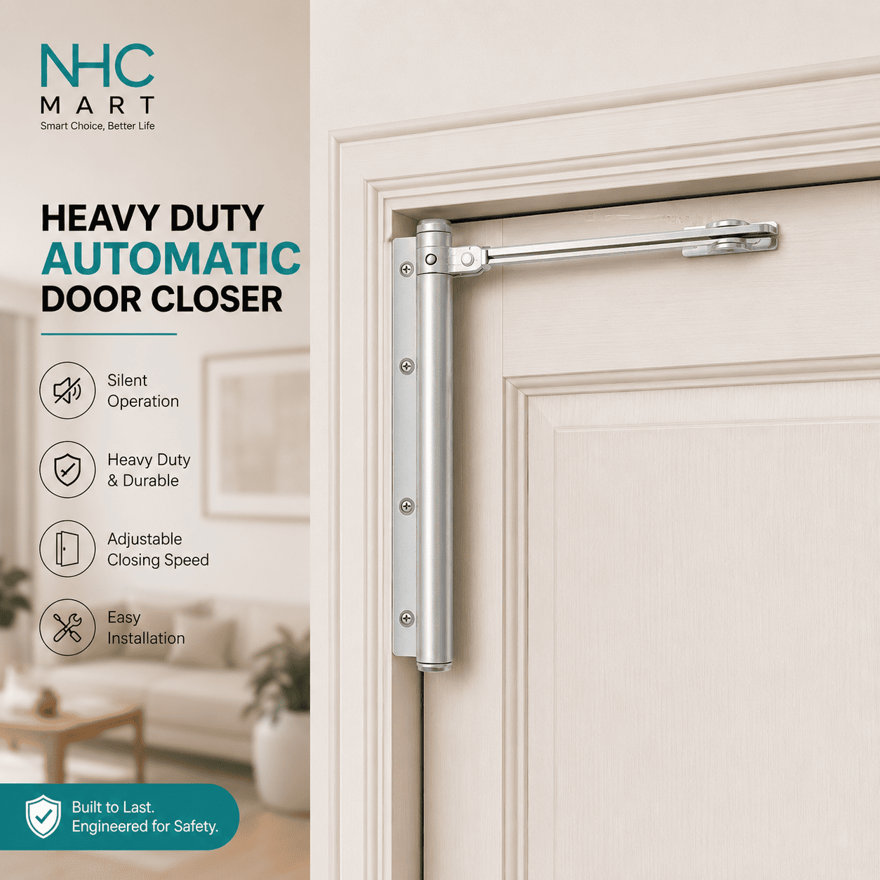 NHC Mart heavy duty automatic door closer installed on a cream-colored interior door, with product features and benefits listed on the left side of the image.
