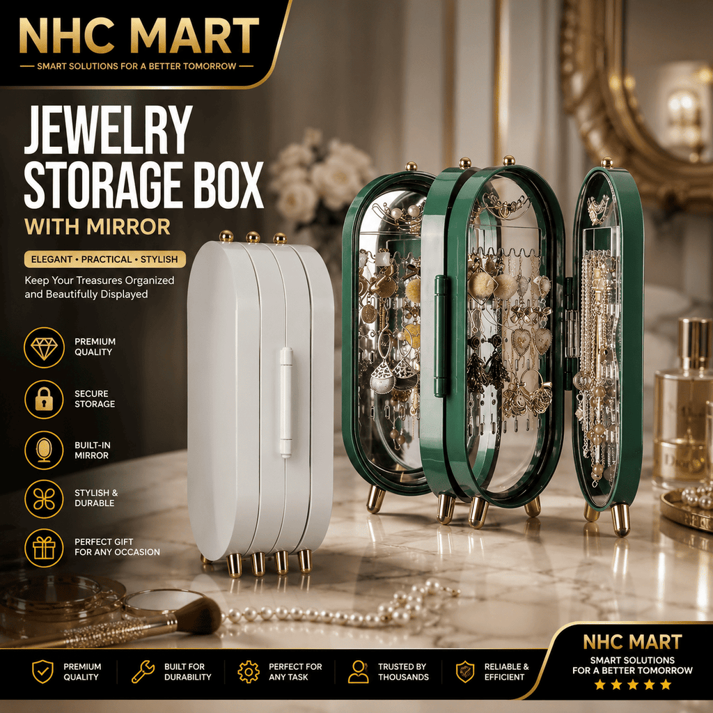 NHC Mart jewelry storage boxes with mirrors shown in a styled interior setting. The set includes a closed white rectangular box, two open dark green oval boxes with mirrored interiors displaying jewelry, and one closed dark green oval box on the right.