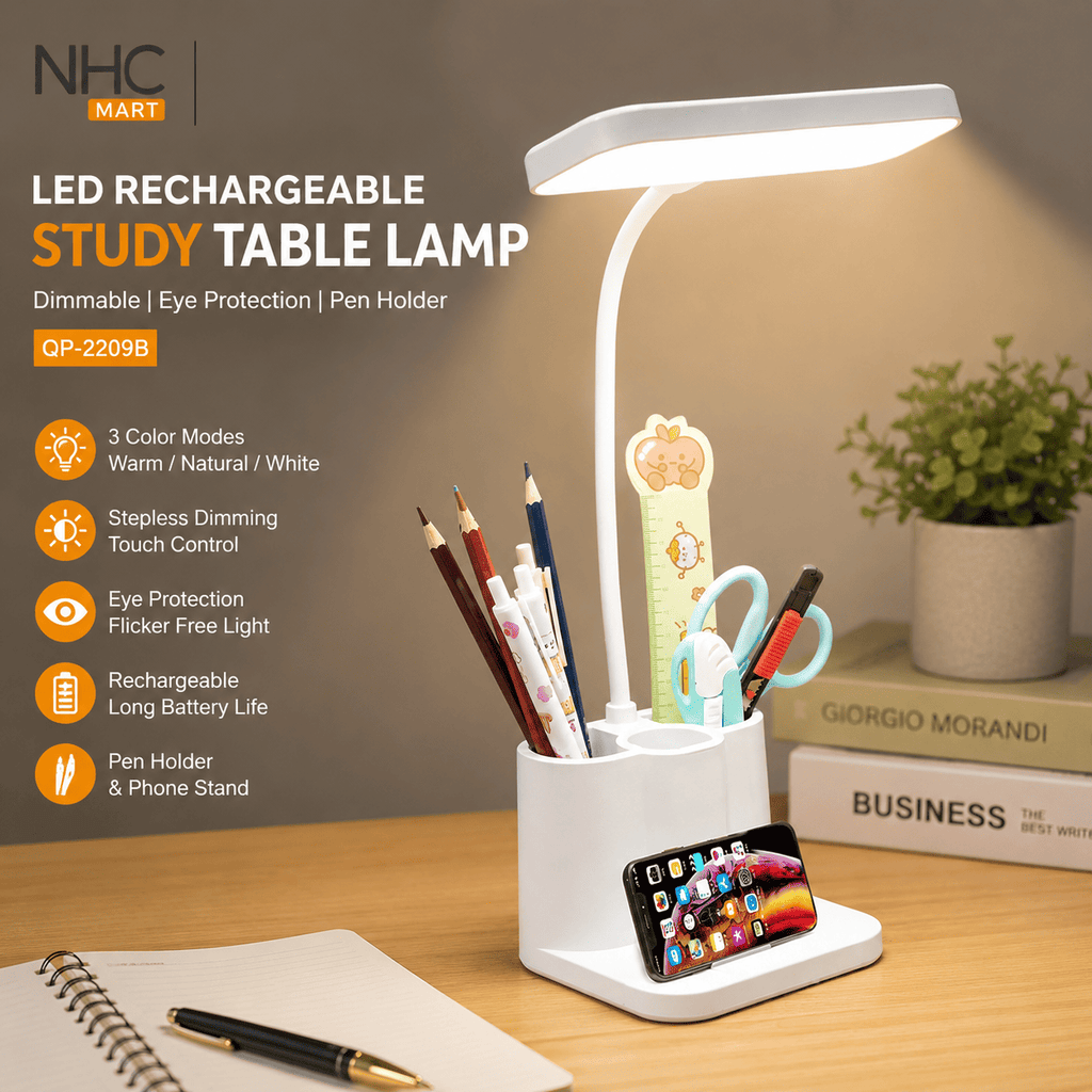 White LED rechargeable study table lamp with integrated pen holder and phone stand, shown on a wooden desk with office accessories and promotional text on the left.
