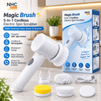NHC Brand Magic Brush 5-in-1 Cordless Electric Spin Scrubber shown with its retail box, multiple interchangeable brush heads, a charging cable, and a yellow attachment piece on a bright kitchen counter background.