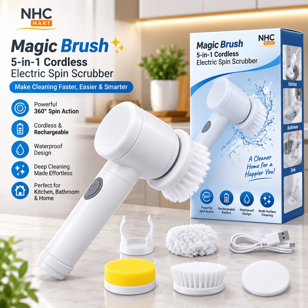 NHC Brand Magic Brush 5-in-1 Cordless Electric Spin Scrubber shown with its retail box, multiple interchangeable brush heads, a charging cable, and a yellow attachment piece on a bright kitchen counter background.