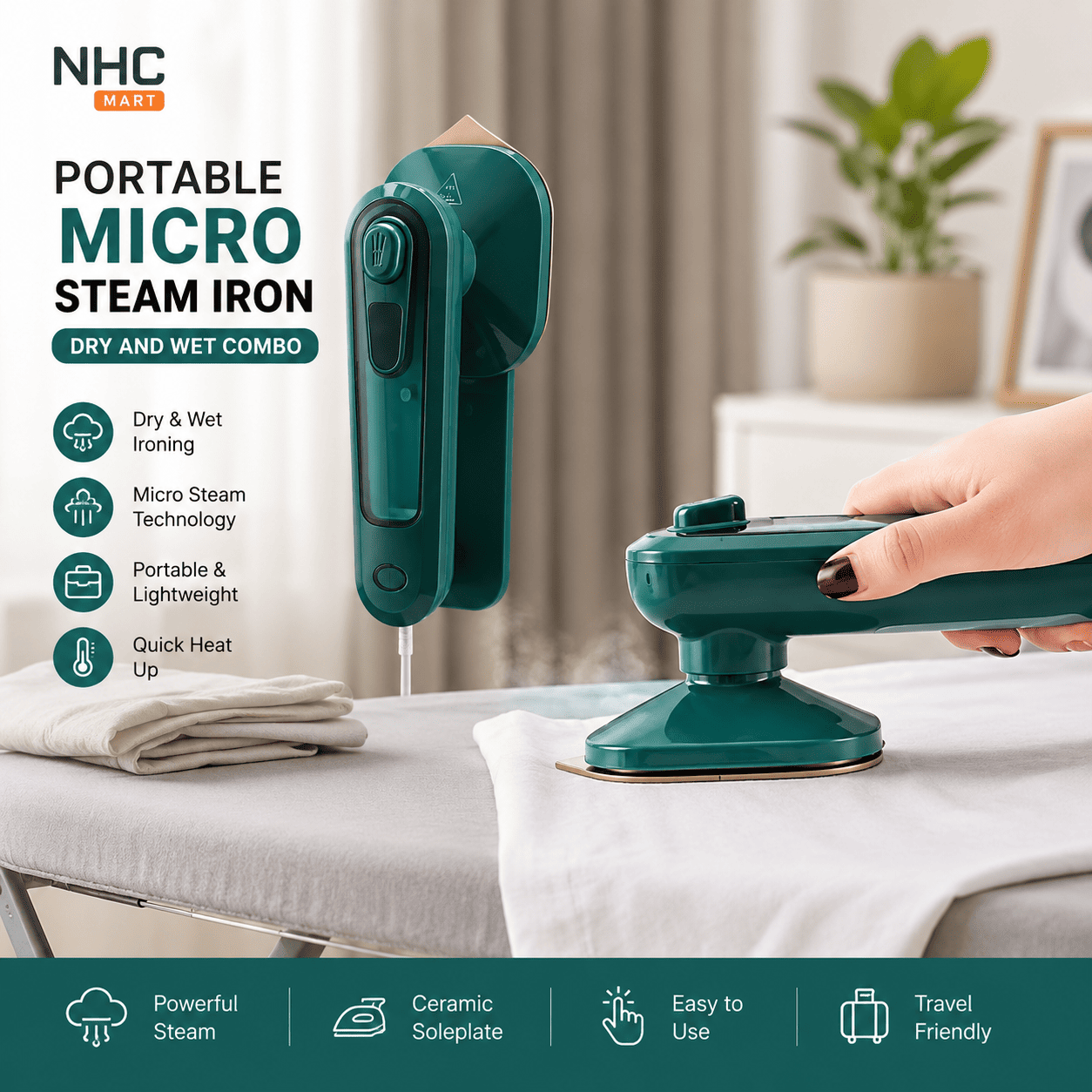 NHC Mart portable micro steam iron in a deep teal green color, shown both upright and being used by a hand on a white fabric-covered ironing table. The background is a softly blurred home interior with curtains and a plant.
