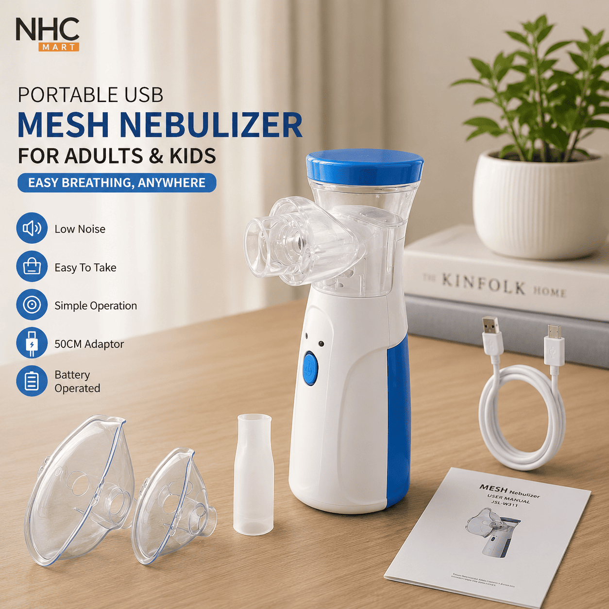 NHC Mini portable USB mesh nebulizer set displayed on a wooden tabletop with accessories including two clear face masks, a small bottle, a USB charging cable, and an instruction booklet. The nebulizer itself is white with a blue top cap and blue accent button.