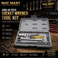 NHC Mart 40-piece socket wrench tool kit displayed in an open gray plastic case on a wooden workbench, with various sockets, ratchet bits, a wrench, and a yellow-handled screwdriver visible. The image includes promotional text and branding for NHC Mart.