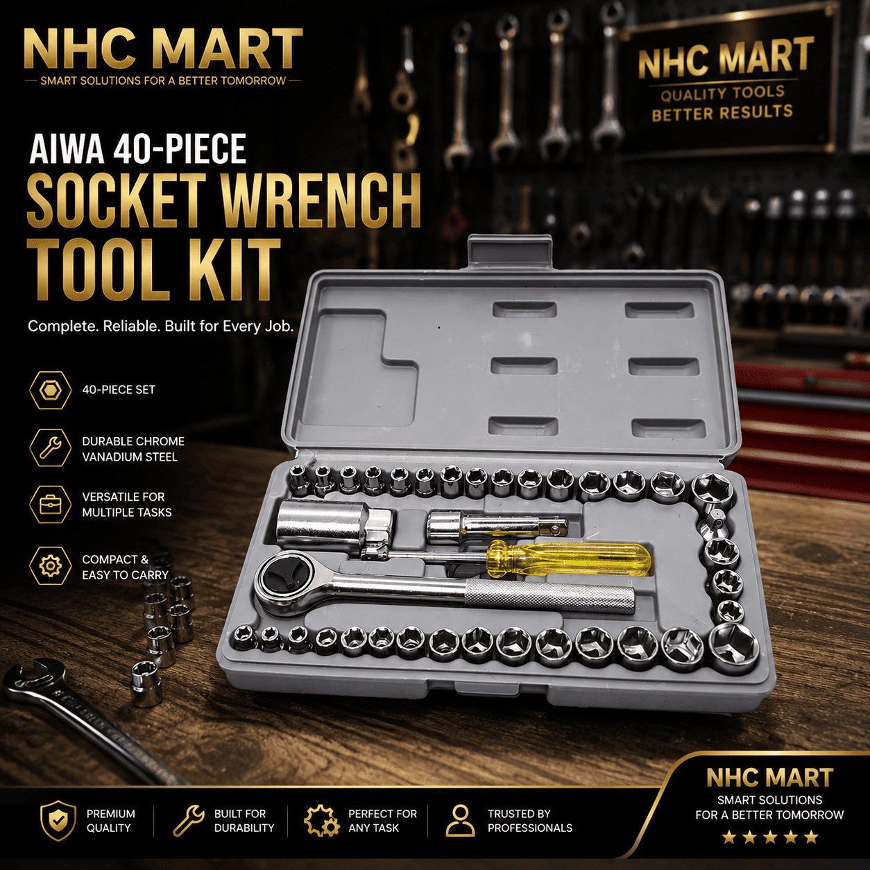 NHC Mart 40-piece socket wrench tool kit displayed in an open gray plastic case on a wooden workbench, with various sockets, ratchet bits, a wrench, and a yellow-handled screwdriver visible. The image includes promotional text and branding for NHC Mart.