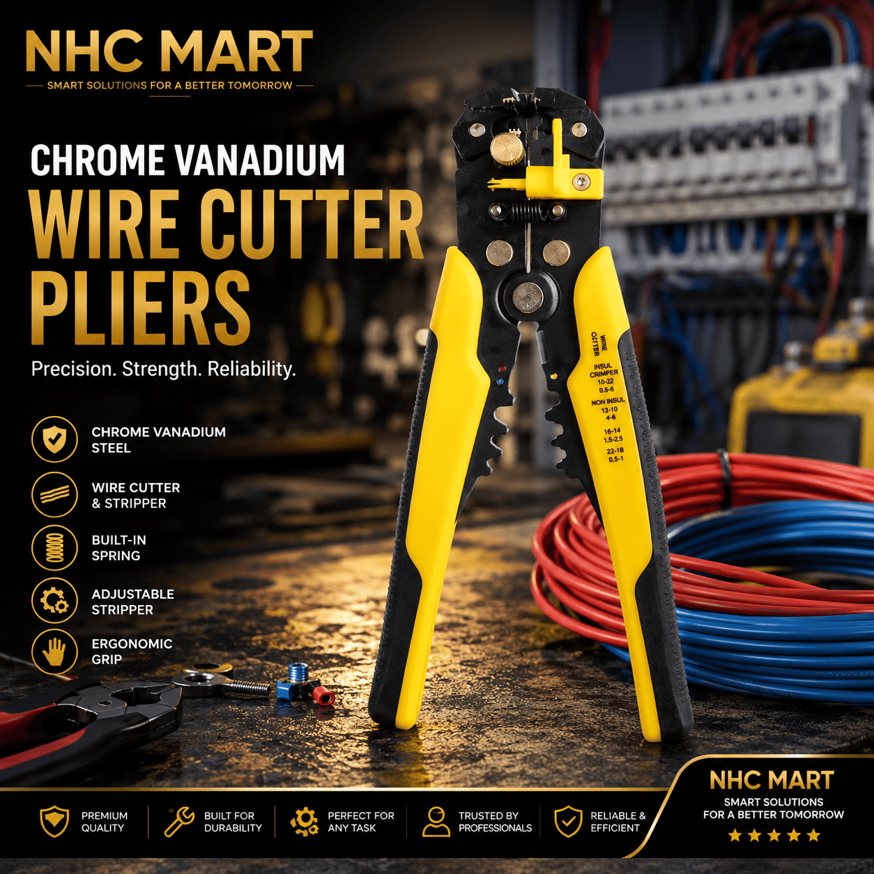 NHC Mart chrome vanadium wire cutter pliers shown in a workshop setting with coiled red and blue wires in the background. The pliers feature a bright yellow and black ergonomic design with gold-toned metal details.