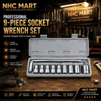 An open gray plastic case holding a 9-piece socket wrench set with chrome sockets and a wrench, displayed on a wooden workbench with tools and promotional text for NHC MART.