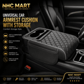 NHC Mart universal car armrest cushion with storage, shown installed on a car center console. The black quilted cushion features a built-in storage compartment and cup holders, with promotional text highlighting its comfort, storage space, durability, and universal fit.