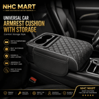NHC Mart universal car armrest cushion with storage, shown installed on a car center console. The black quilted cushion features a built-in storage compartment and cup holders, with promotional text highlighting its comfort, storage space, durability, and universal fit.