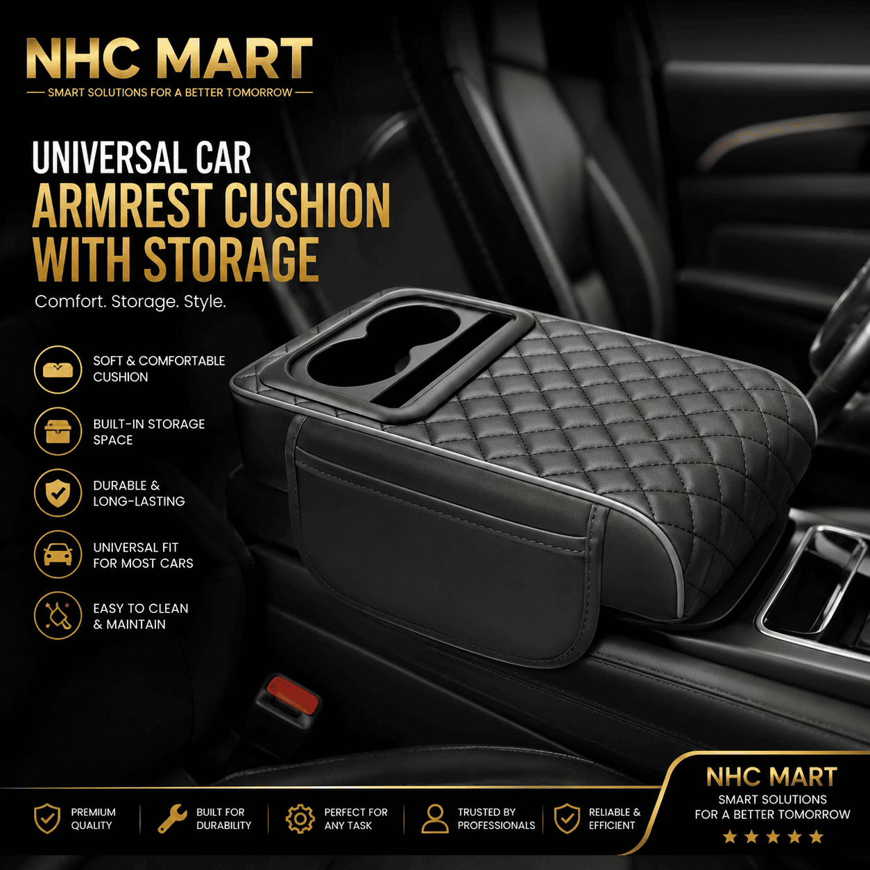 NHC Mart universal car armrest cushion with storage, shown installed on a car center console. The black quilted cushion features a built-in storage compartment and cup holders, with promotional text highlighting its comfort, storage space, durability, and universal fit.