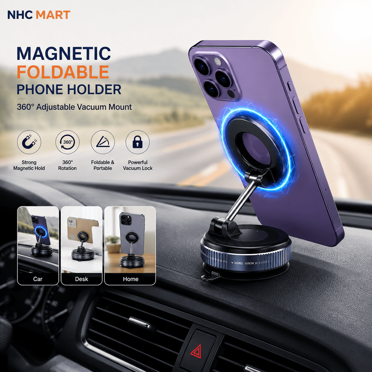 A magnetic foldable phone holder mounted on a car dashboard, holding a purple smartphone. The image includes promotional text, feature icons, and small usage examples for car, desk, and home settings.