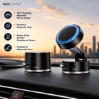 Two black magnetic phone holders with adjustable arms and a rotating 360-degree head, shown mounted on a car dashboard with a city skyline at sunset in the background. One holder is upright and the other is angled with its circular head illuminated in blue light.