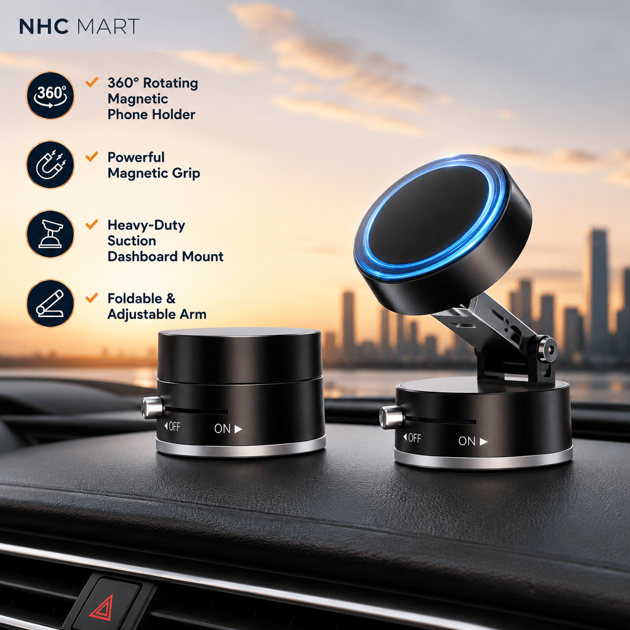 Two black magnetic phone holders with adjustable arms and a rotating 360-degree head, shown mounted on a car dashboard with a city skyline at sunset in the background. One holder is upright and the other is angled with its circular head illuminated in blue light.