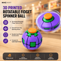 A 3D printed rotatable fidget spinner ball in purple and green with an orange button, shown on a wooden surface with marketing text and icons on the left, plus a blurred store background and a transparent outer ring effect.