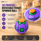 A 3D printed rotatable fidget spinner ball in purple and green with an orange button, shown on a wooden surface with marketing text and icons on the left, plus a blurred store background and a transparent outer ring effect.