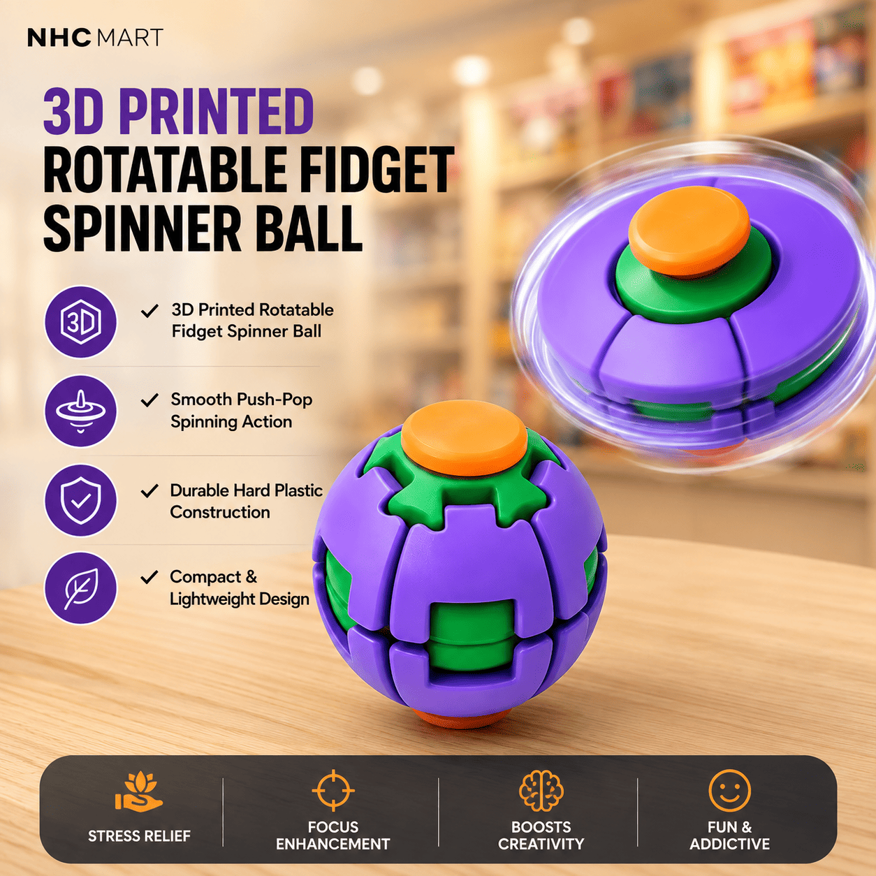A 3D printed rotatable fidget spinner ball in purple and green with an orange button, shown on a wooden surface with marketing text and icons on the left, plus a blurred store background and a transparent outer ring effect.