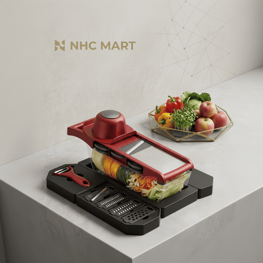 NHC Mart multi-functional vegetable slicer and dicer set in red and black, shown with various vegetables in a clear container on a kitchen counter next to a peeler and a bowl of fresh produce.