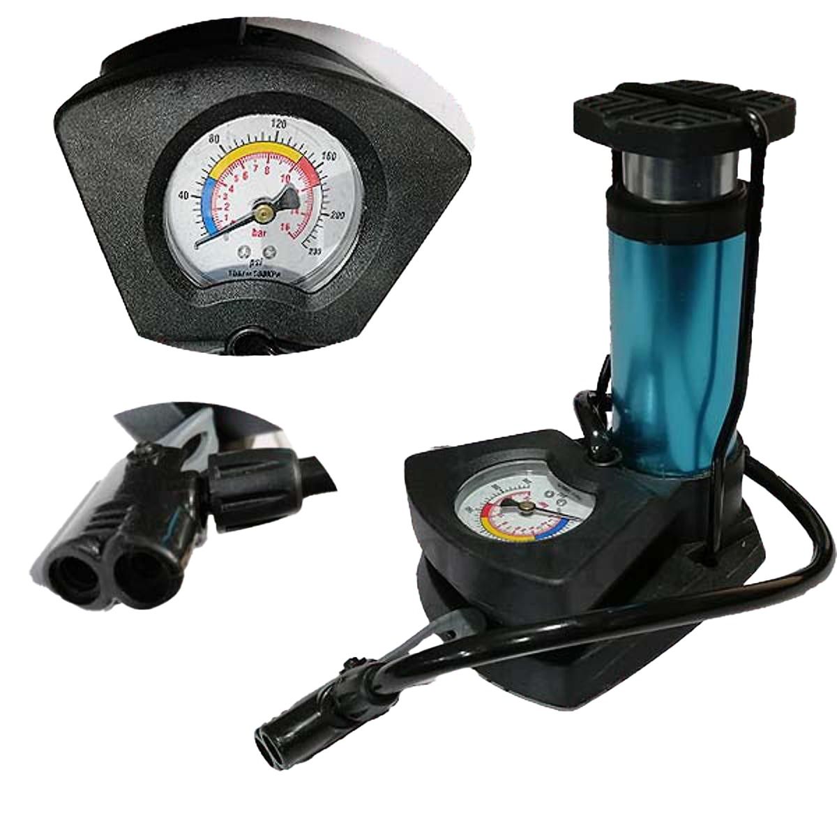 Car tire inflator with pressure gauge on a white background