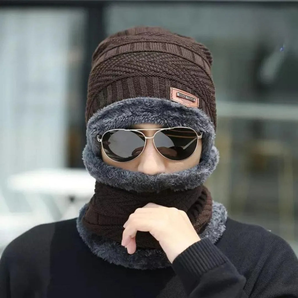 Wool Thermal Cap & Neck Warmer Set | Fleece Lined Winter Beanie & Mask