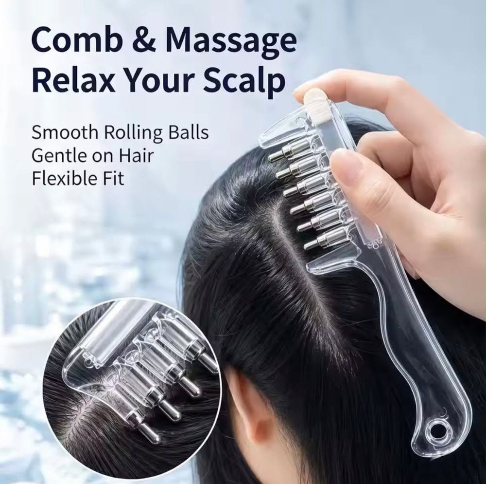 Scalp massage comb with smooth rolling balls for gentle hair care and relaxation