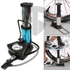 Bicycle pump with foot pedal and pressure gauge, used to inflate bicycle tires.