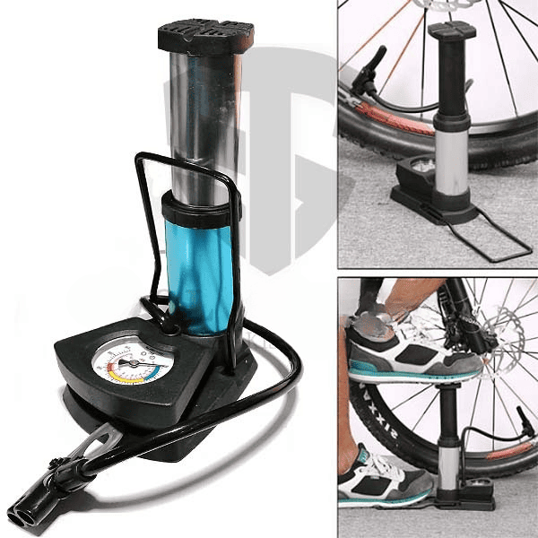 Bicycle pump with foot pedal and pressure gauge, used to inflate bicycle tires.