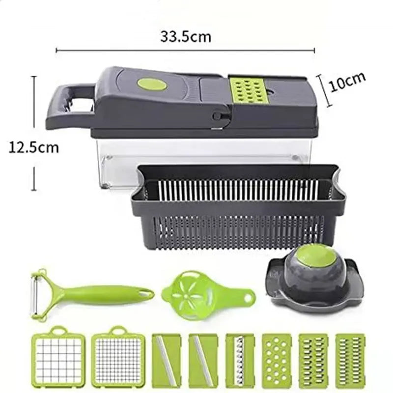 Vegetable chopper with attachments and measurements on a white background