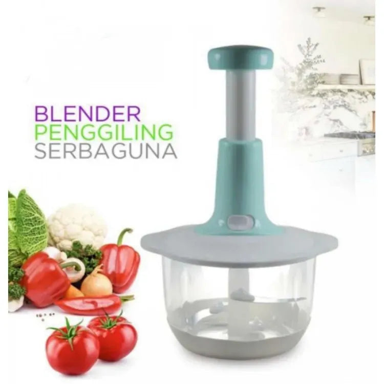 Multifunction manual push vegetable chopper with stainless steel blades, grater, slicer, shredder, and beater attachments for everyday kitchen food preparation