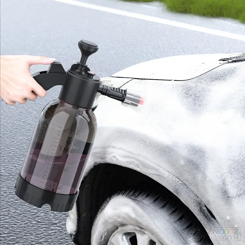 2L hand pump foam car wash sprayer bottle with air pressure system and two interchangeable nozzles for car cleaning, gardening, and household use