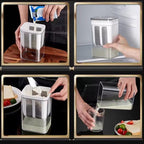 Collage of a person using a clear kitchen container with a white lid for various tasks.