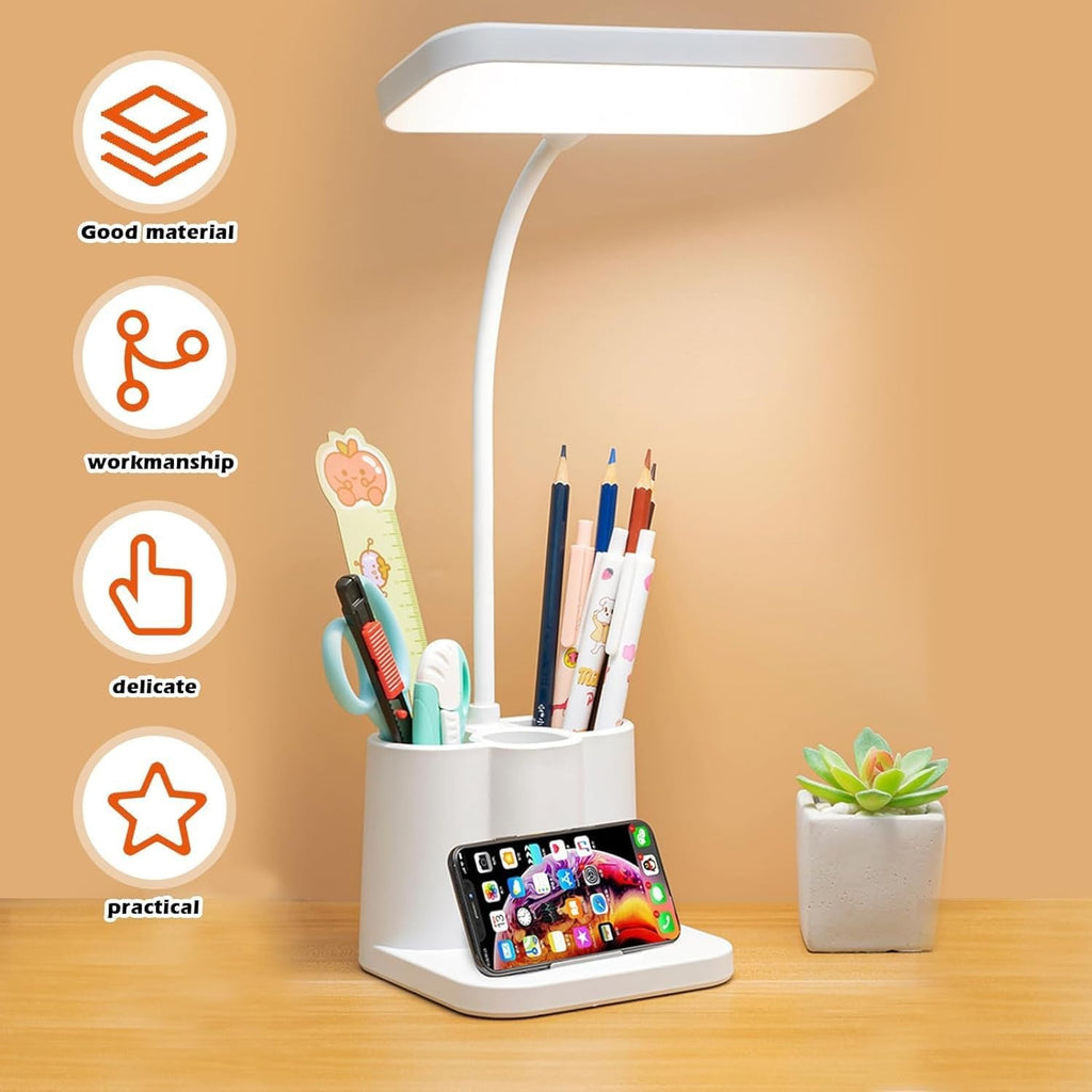 LED rechargeable study table lamp with adjustable brightness, flexible gooseneck, eye protection light, and built-in pen holder