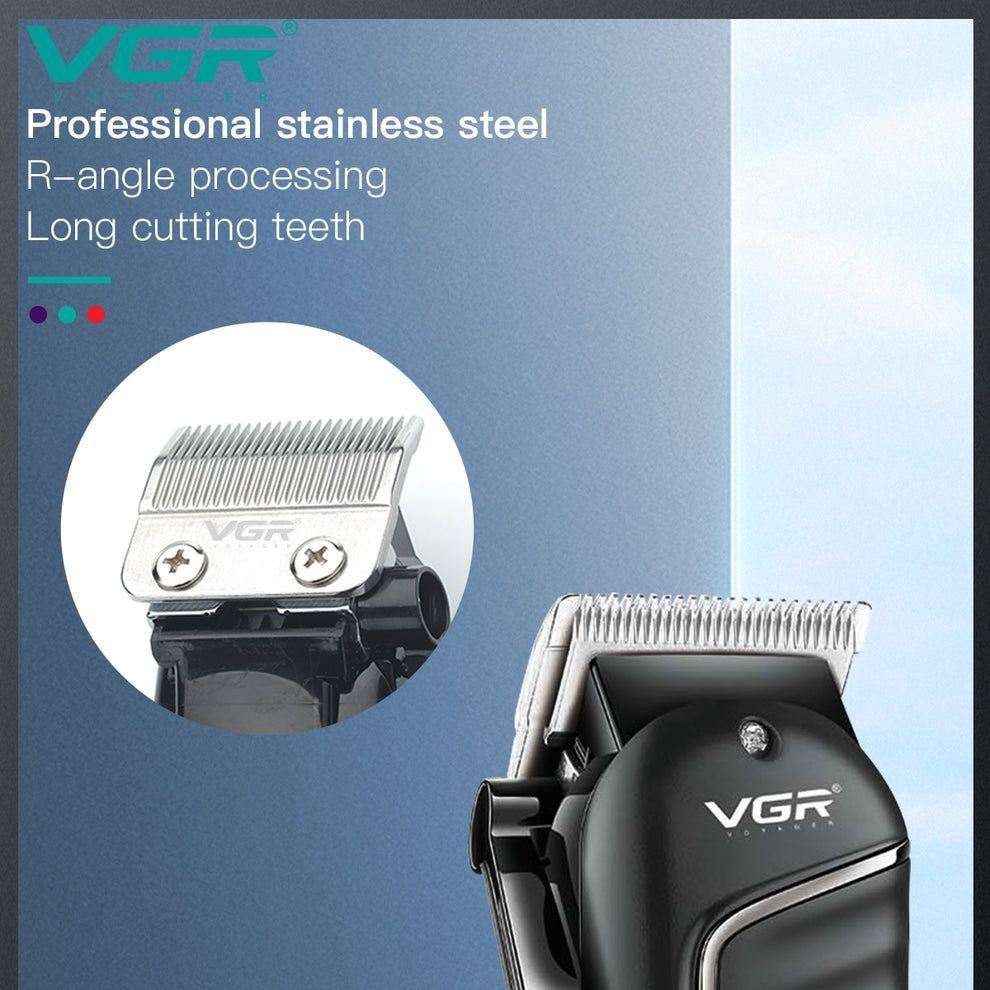 VGR hair clipper with close-up of cutting head on a blue background
