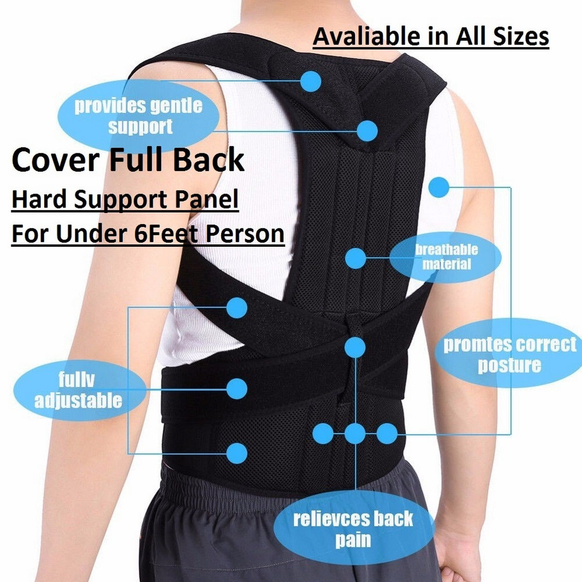 Adjustable breathable posture corrector back support belt with reinforced spine support available in Medium, Large, XL, XXL, and XXXL sizes