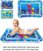 Inflatable baby water play mat for tummy time with colorful floating graphics and leak-resistant design for infants and babies
