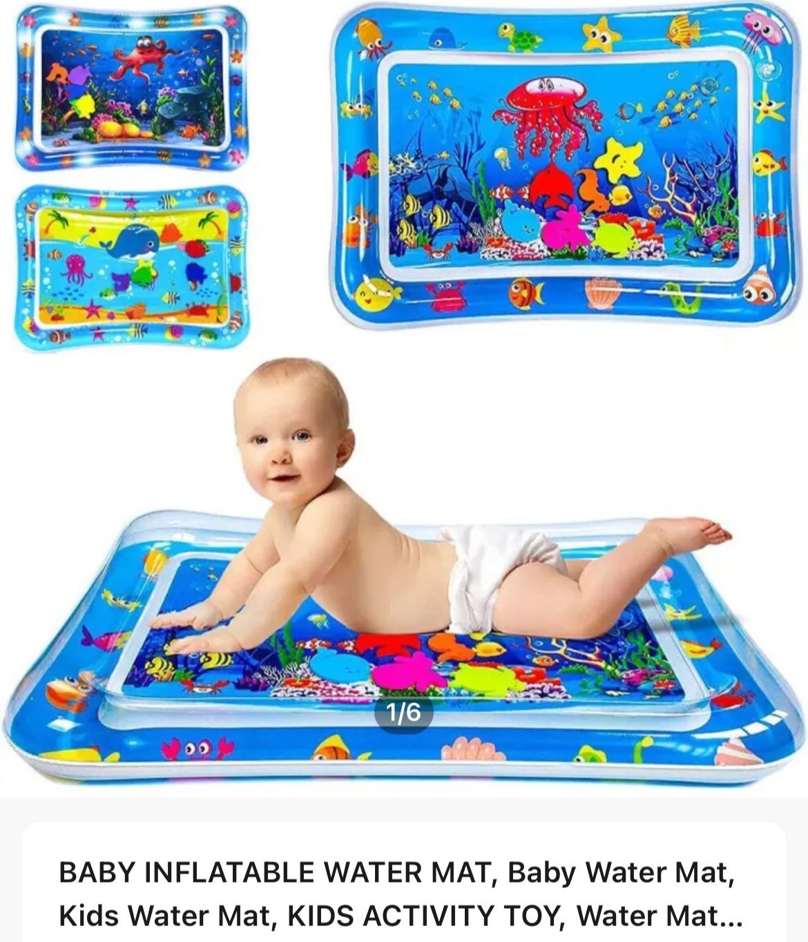 Inflatable baby water play mat for tummy time with colorful floating graphics and leak-resistant design for infants and babies