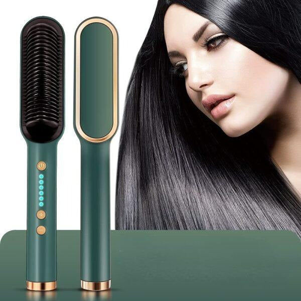 HQT-909B ceramic heated hair straightening brush with adjustable temperature settings for smooth and stylish hair
