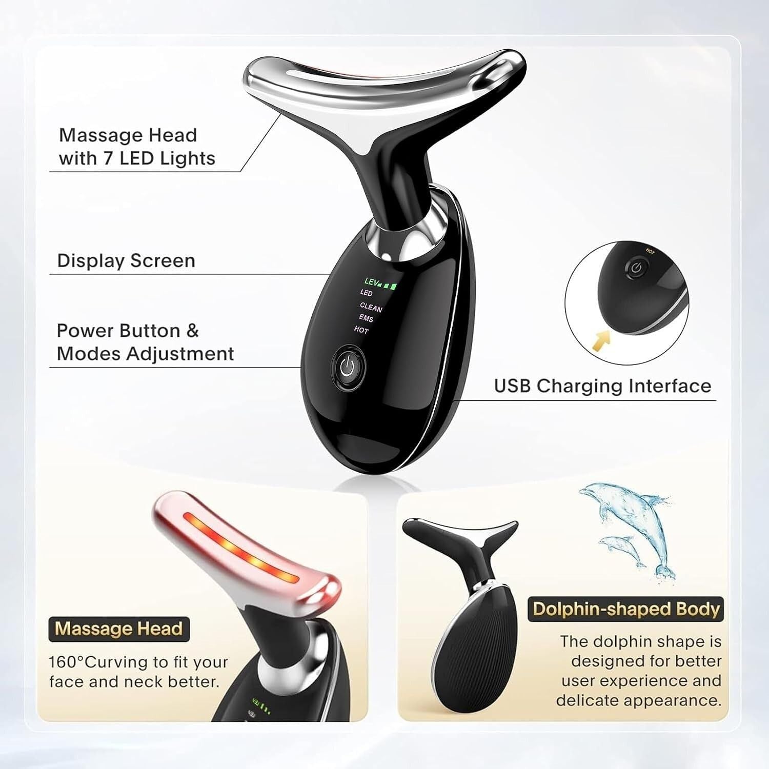 Black facial massager with features highlighted on a white background