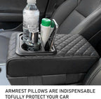 Universal PU leather car armrest cushion with built-in cup holder, tissue compartment, card slots, and center console storage box