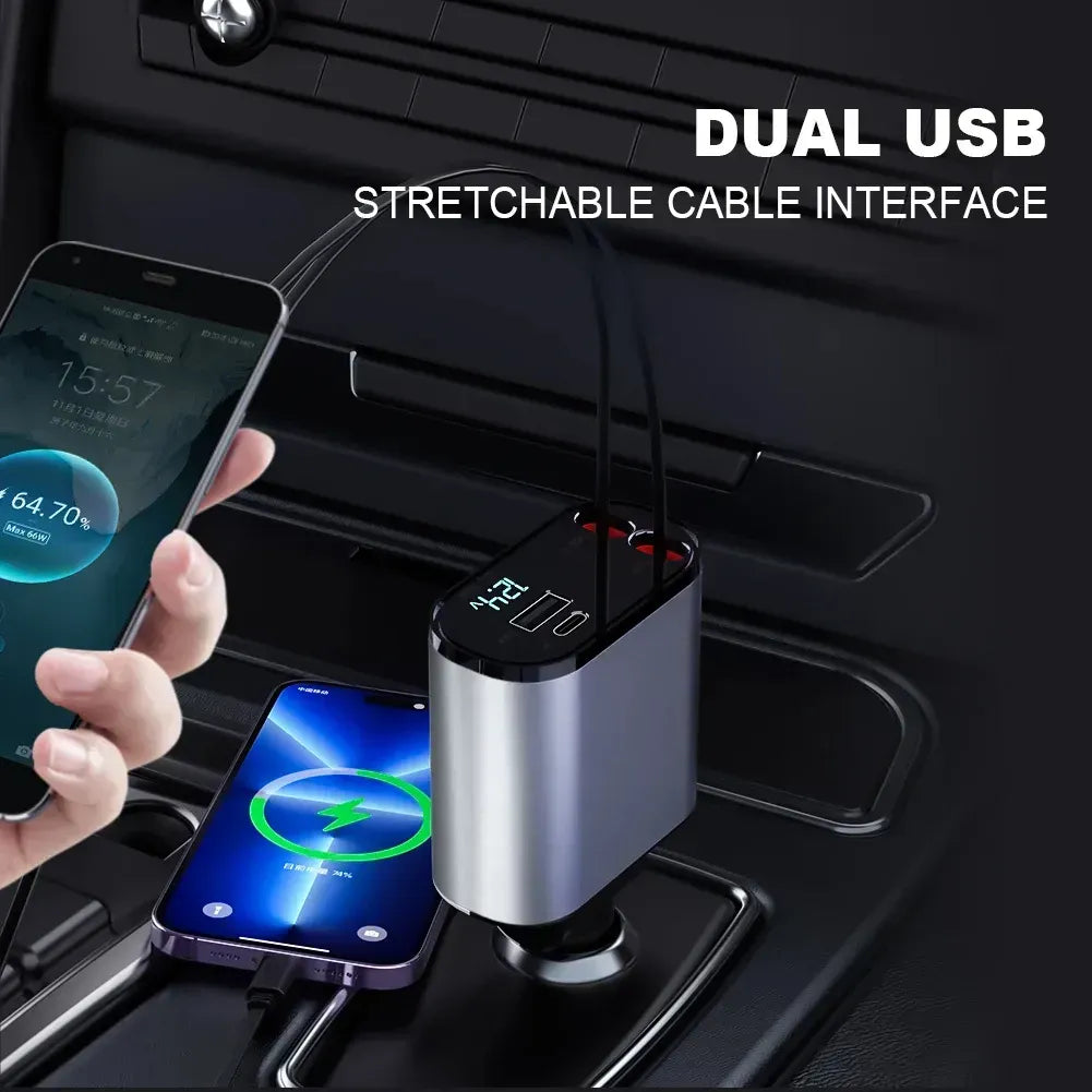 Car charger with dual USB ports and stretchable cable interface, charging two smartphones.