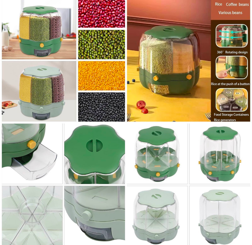 7KG rotatable airtight rice storage container with multi-compartment grain dispenser for rice, cereals, beans, lentils, and dry food storage