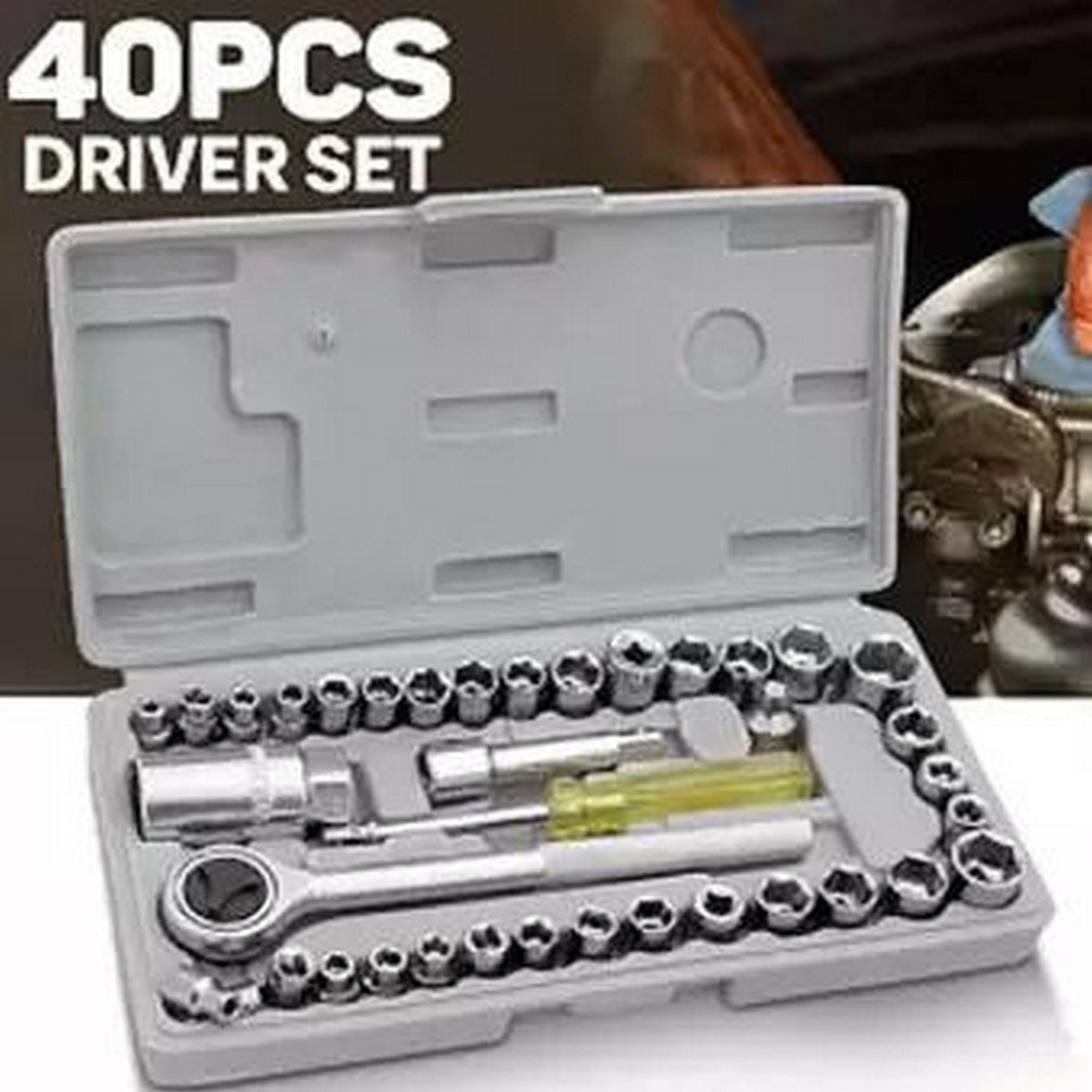 Aiwa 40-piece stainless steel socket wrench and screwdriver tool kit in a portable storage case for home, garage, and automotive repairs