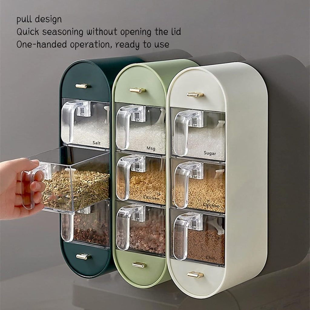 Wall-mounted seasoning spice rack for organizing kitchen spices, herbs, sauces, and cooking essentials.