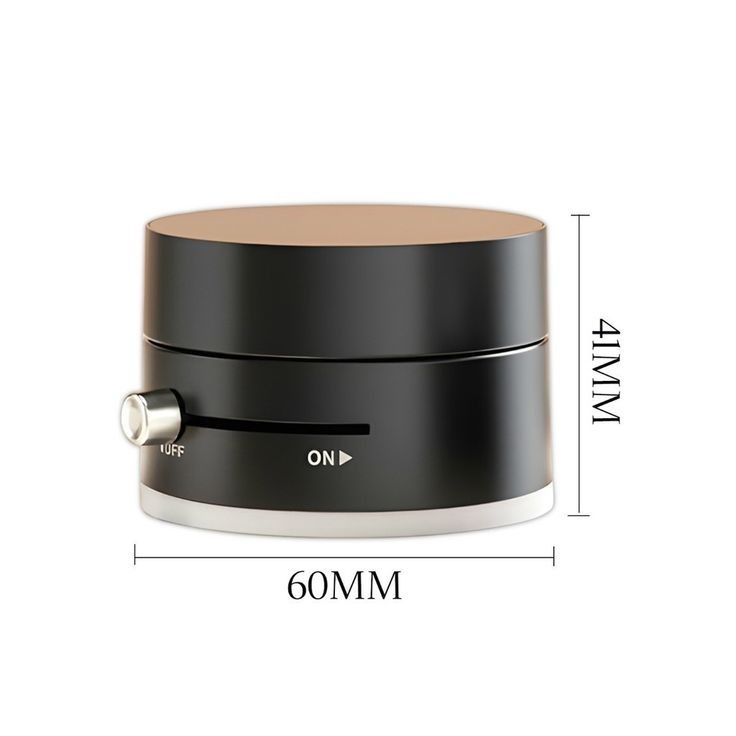 Black cylindrical device with a beige top, labeled 'ON' and 'OFF', with dimensions indicated.