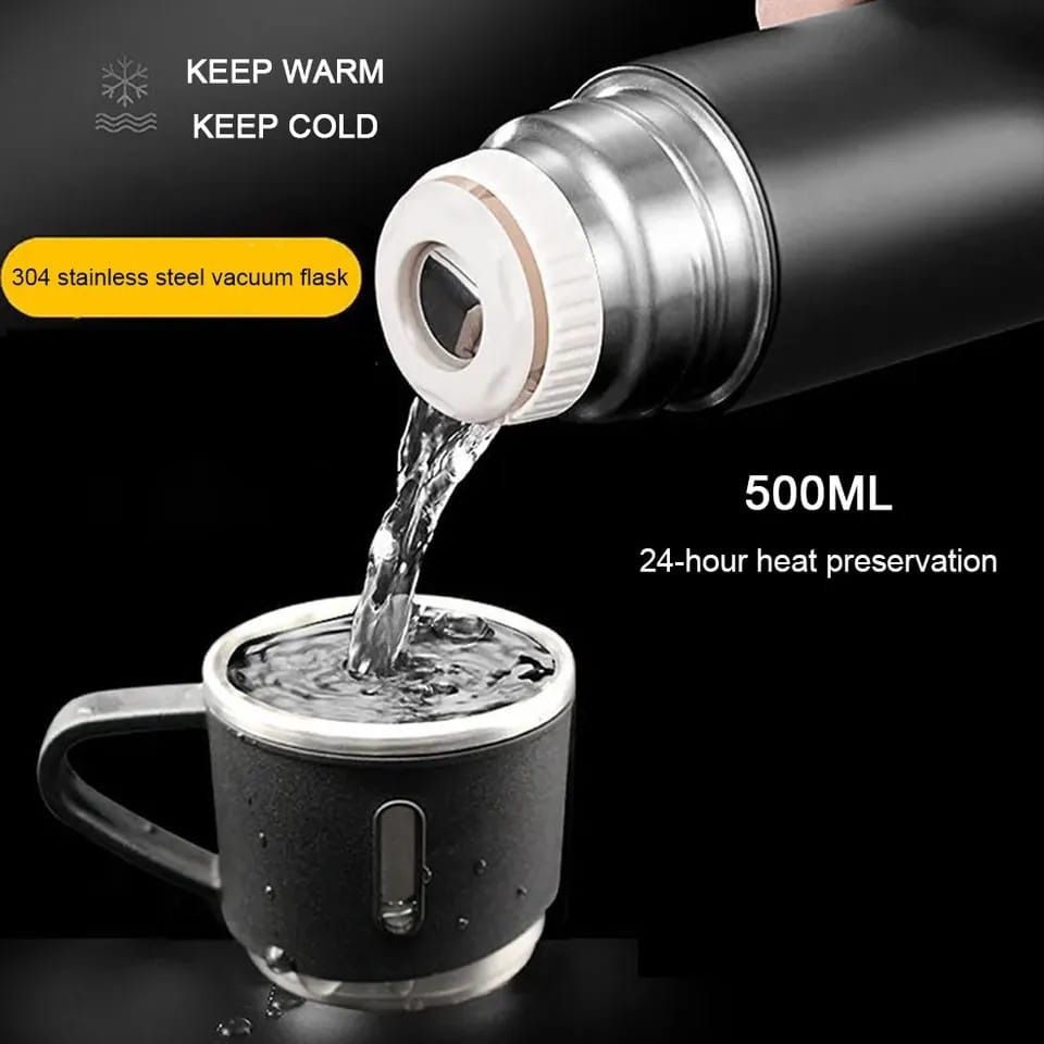 Stainless Steel Vacuum Flask Set 500ml – Insulated Bottle with 2 Cups
