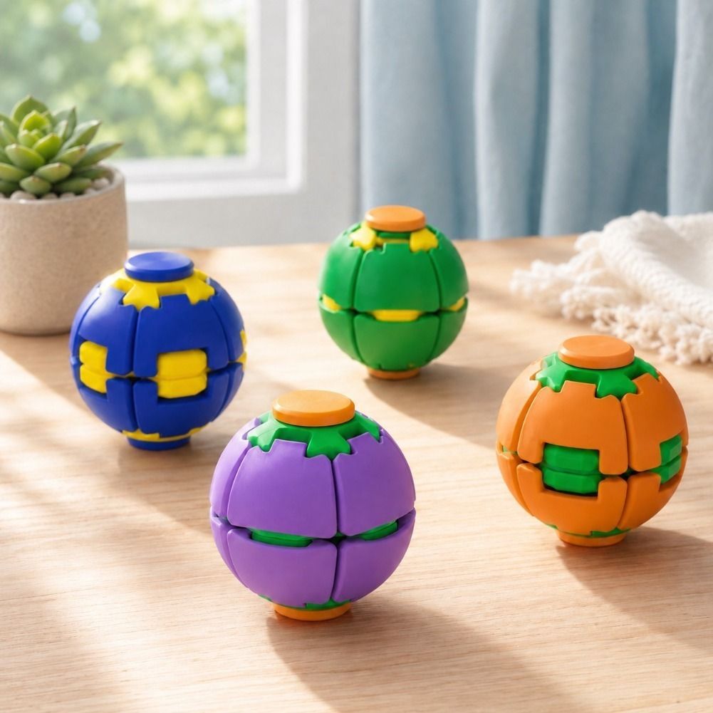 Four colorful spherical puzzle toys with segmented plastic pieces, displayed on a light wooden table in a bright indoor setting with a window, plant, and curtain in the background.