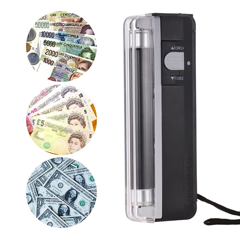 Portable handheld UV blacklight money detector for checking counterfeit banknotes, passports, ID cards, and security documents
