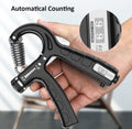 Adjustable hand grip strengthener with repetition counter for wrist, finger, hand, and forearm strength training